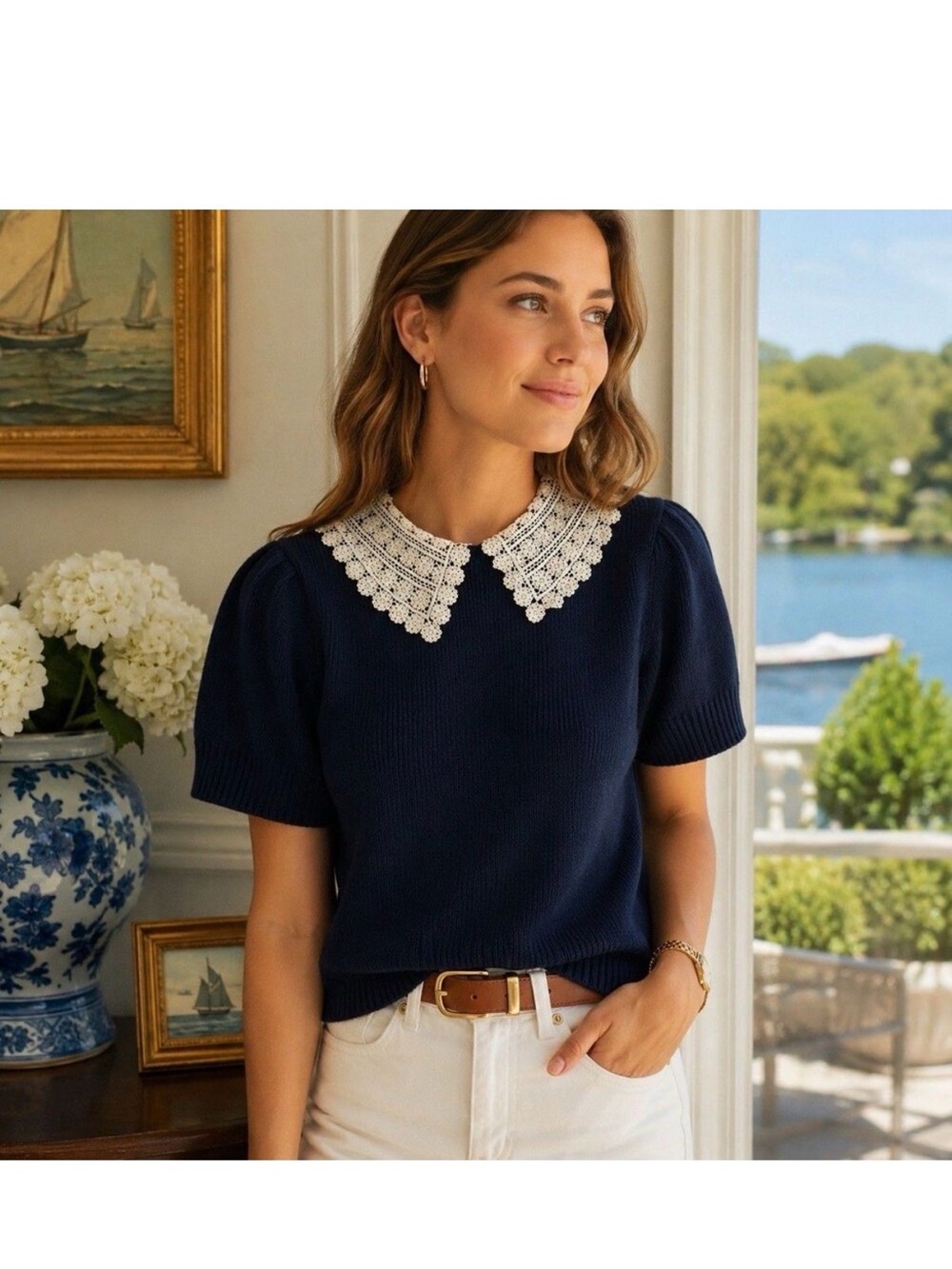 Caroline Constas Navy Knit Sweater with Cream Lace Collar